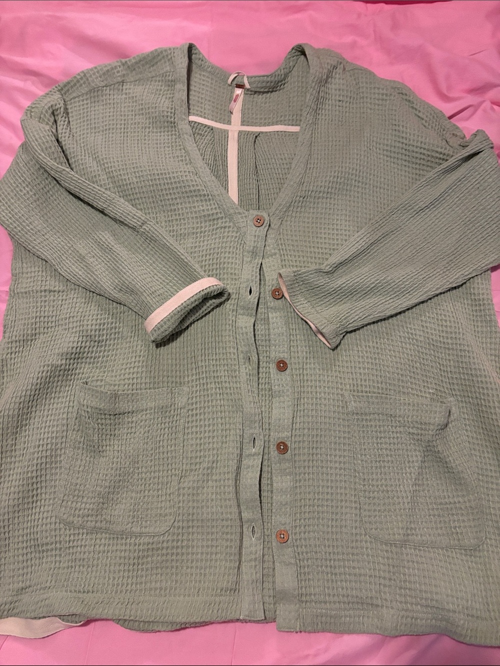 Free People Sage Green Waffle Knit Button Cardigan